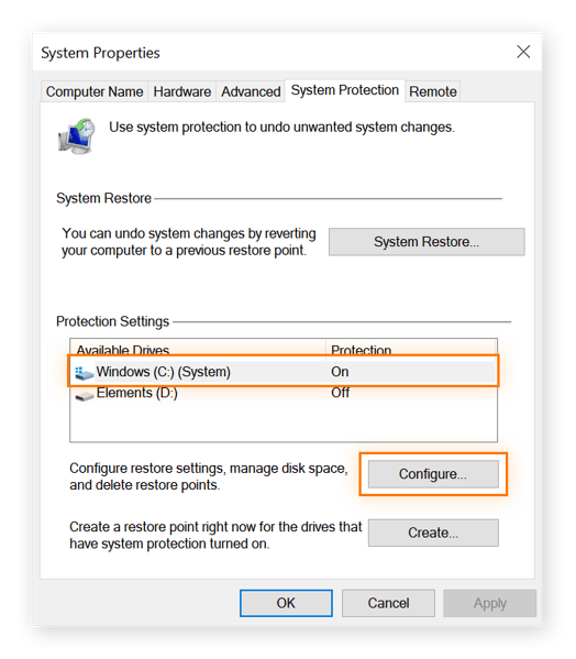 the system restore app interface, with Windows C drive highlighted and the "Configure" button circled.